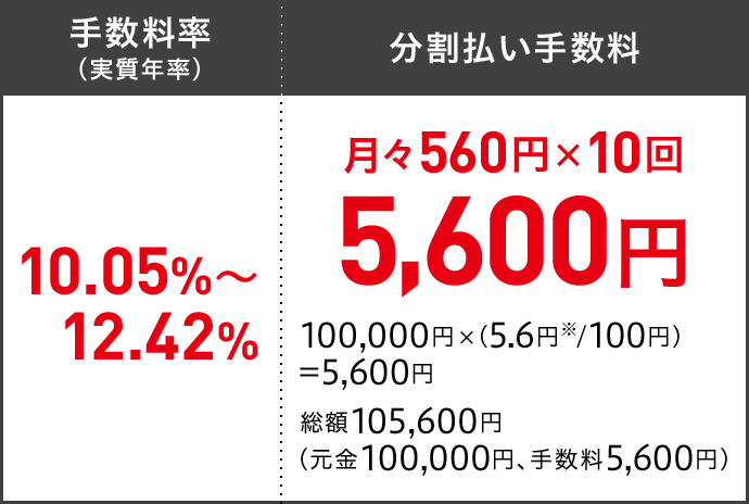 手数料率(実質年率)10.05％～12.42％ 分割払い手数料 月々560円x10回 5,600円 100,000円x(5.6円※/100円)＝5,600円 総額105,600円(元金100,000円、手数料5,600円)