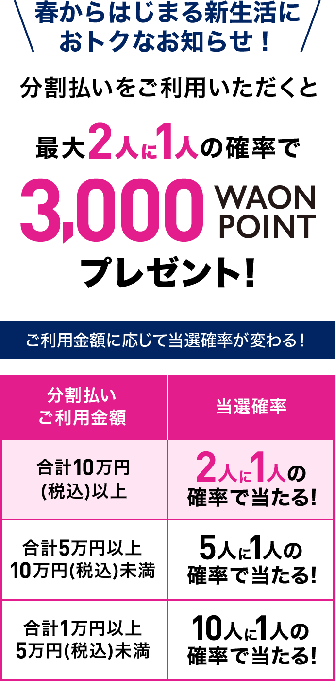 春からはじまる新生活におトクなお知らせ！分割払いをご利用いただくと最大2人に1人の確率で3,000WAON POINTプレゼント！ご利用金額に応じて当選確率が変わる！分割払いご利用金額／当選確率 合計10万円(税込)以上／2人に1人の確率で当たる！ 合計5万円以上10万円(税込)未満／5人に1人の確率で当たる！ 合計1万円以上5万円(税込)未満／10人に1人の確率で当たる！